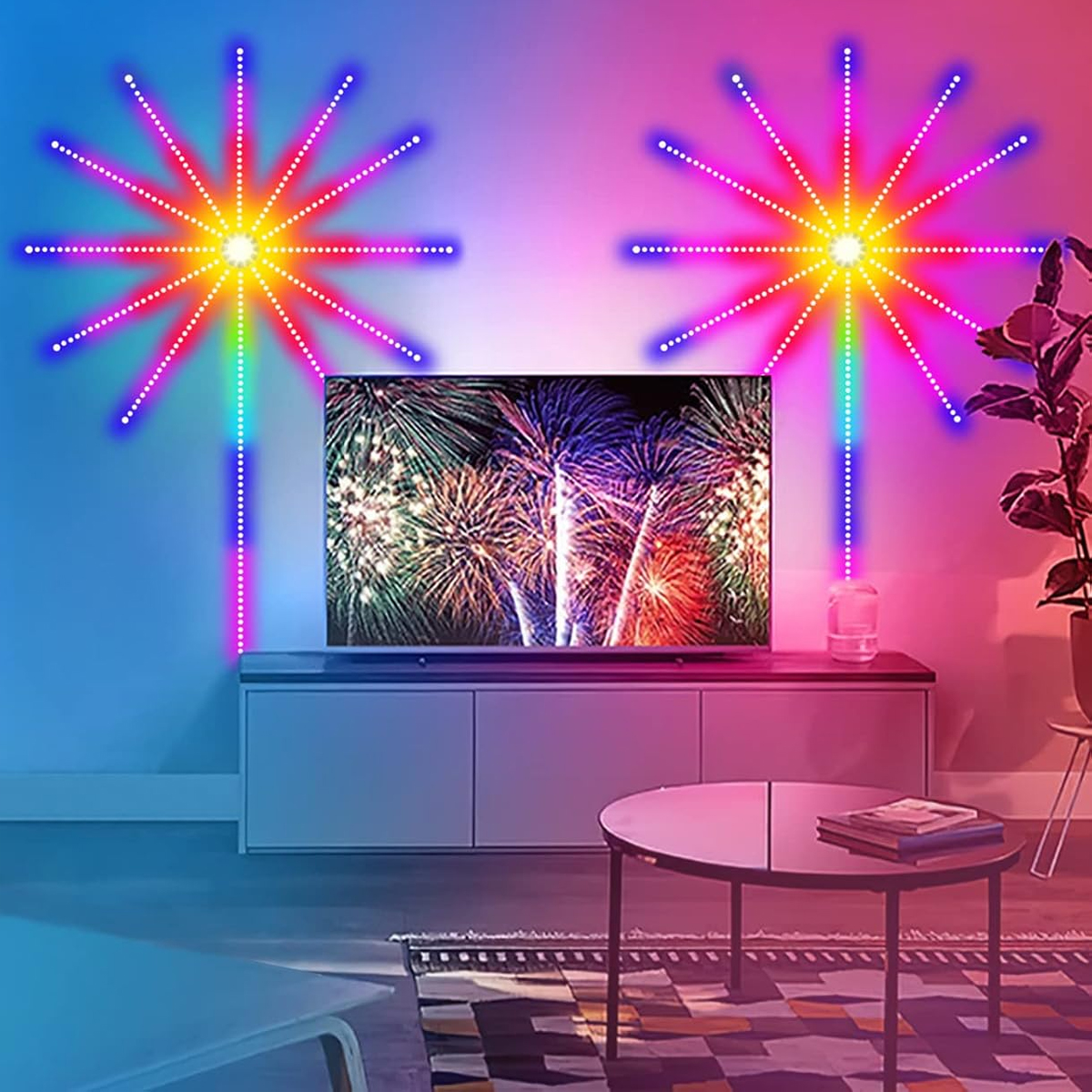 Ein Fernseher, der eine Feuerwerksszene zeigt, mit einer Lichtanzeige auf beiden Seiten des Bildschirms.