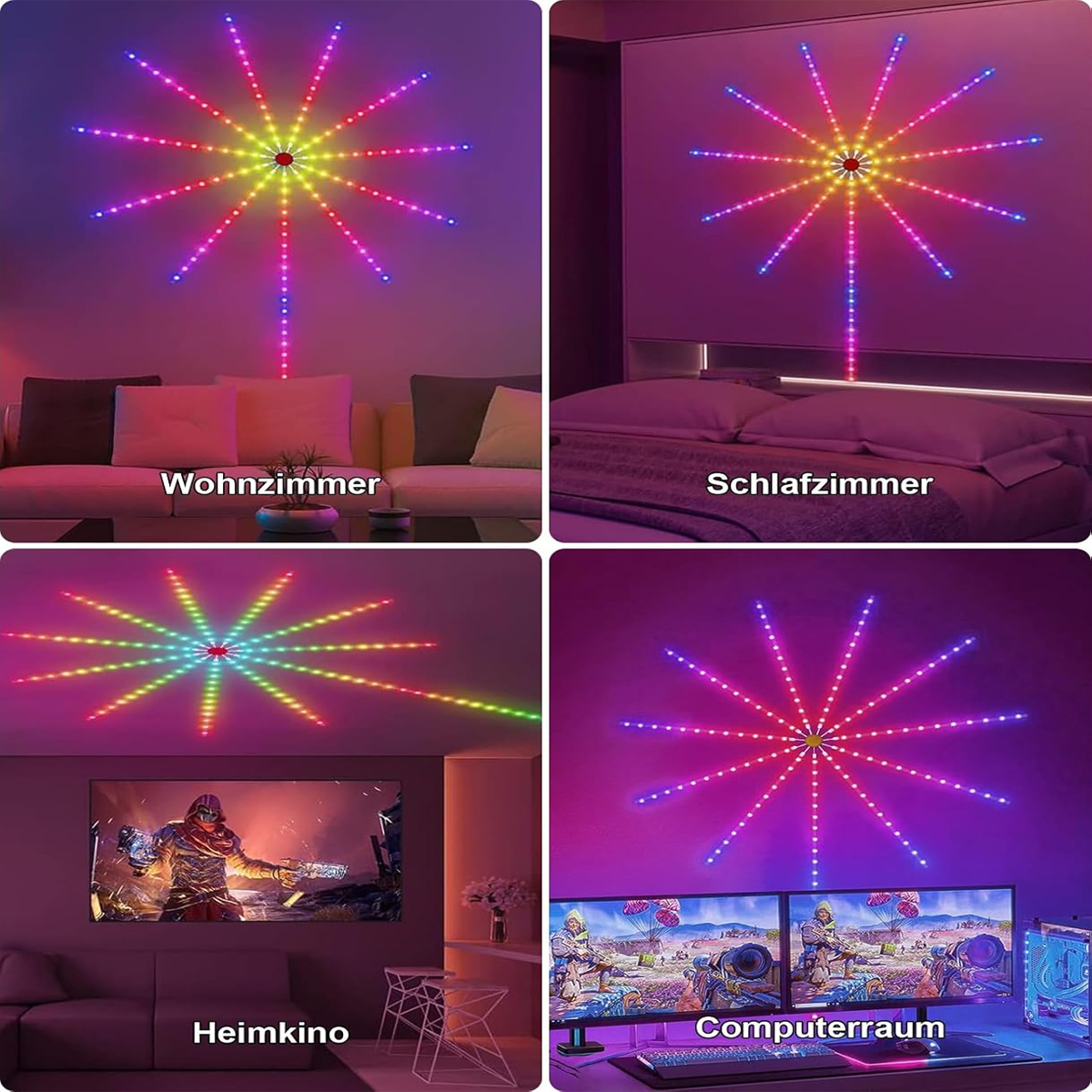 Vier Bilder von Räumen mit bunten Sternlichtern an den Wänden.