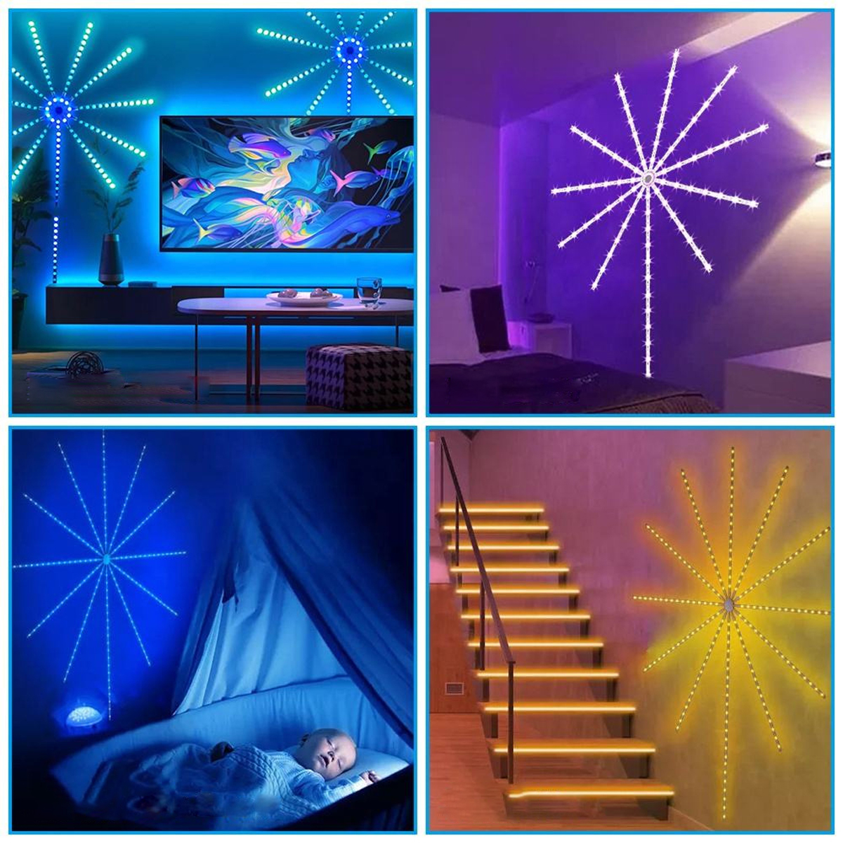 Vier Bilder von bunten, sternförmigen Lichtern. Sie sind blau, lila und gelb und erzeugen verschiedene Szenen.