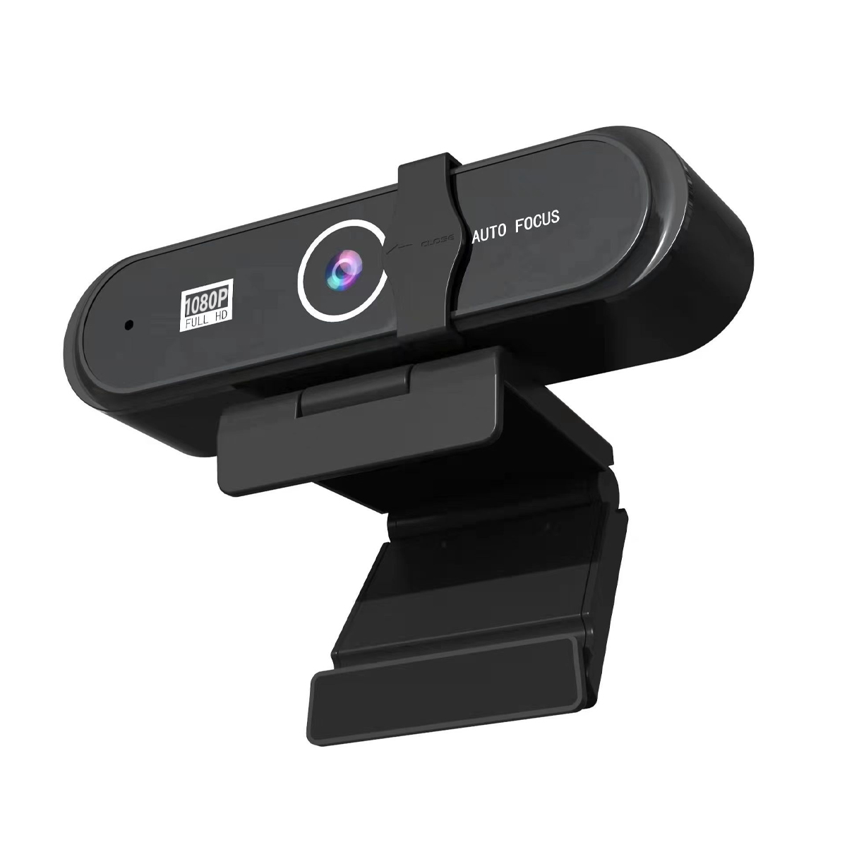 Schwarze Webcam mit Linse und Clip. Sie ist für die Platzierung auf einem Monitor konzipiert.
