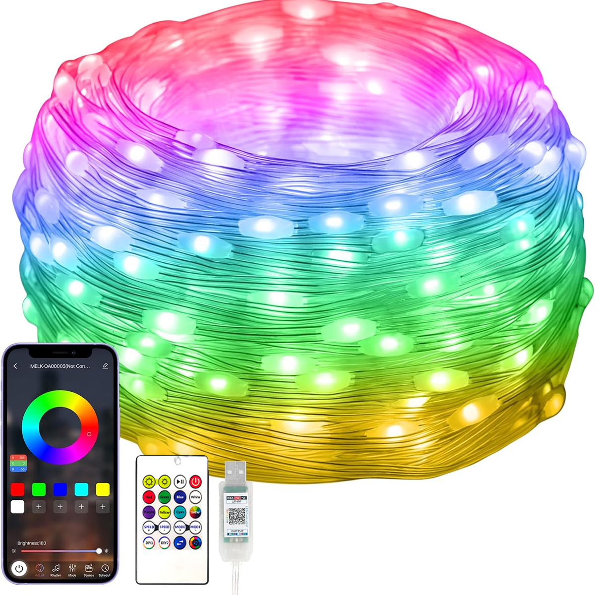 Schnur aus mehrfarbigen LED-Leuchten. Ein Telefon, eine Fernbedienung und ein USB-Anschluss.