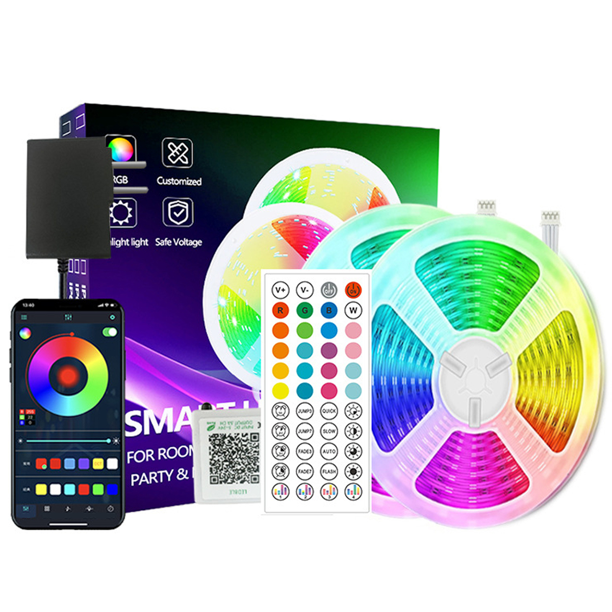 RGB-LED-Streifenlicht-Kit, Fernbedienung und Telefon. Weißer Hintergrund.