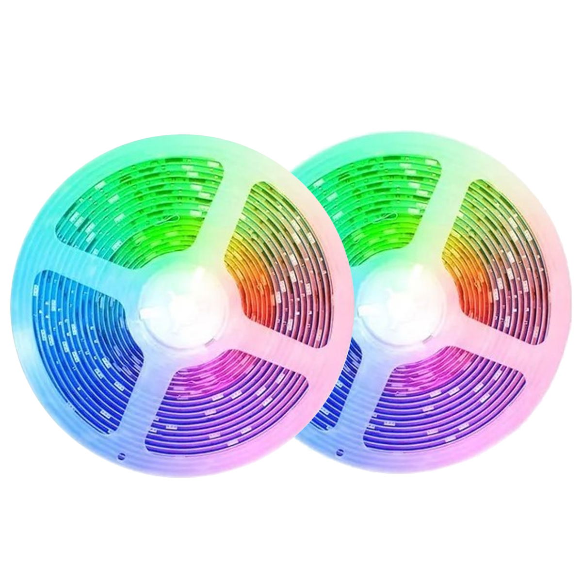Zwei Rollen LED-Streifen, die Regenbogenfarben zeigen.