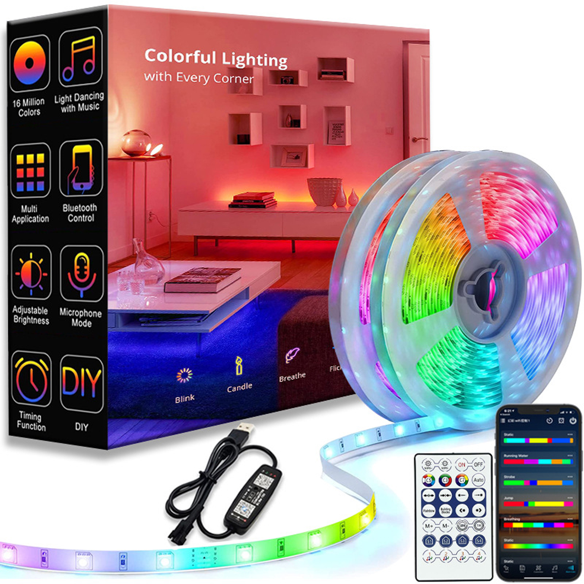 Buntes LED-Band mit Fernbedienung und Steuerbox. Verschiedene Symbole und Text sind auf der Box abgebildet.