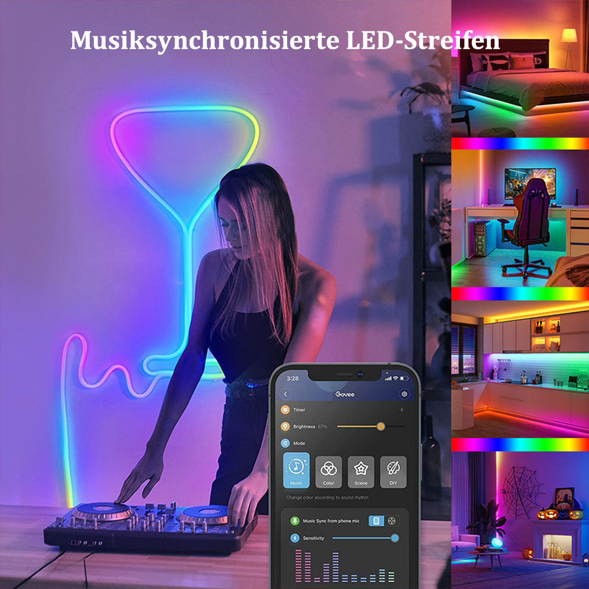Eine Frau mit DJ-Setup, mit LED-Streifen und einer Telefon-App.