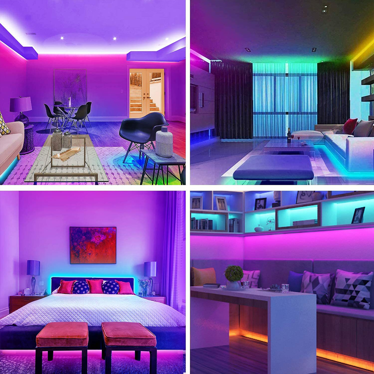 Vier Bilder mit Räumen, die von bunten LED-Streifen beleuchtet werden.