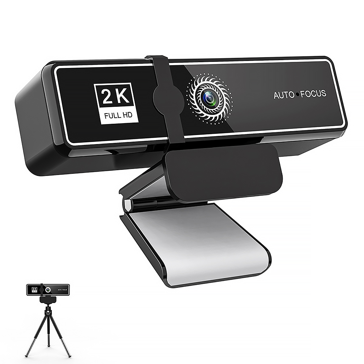 Schwarze Webcam mit 2K Full HD. Sie ist auf einem Ständer mit schwarzem, verstellbarem Visier montiert.
