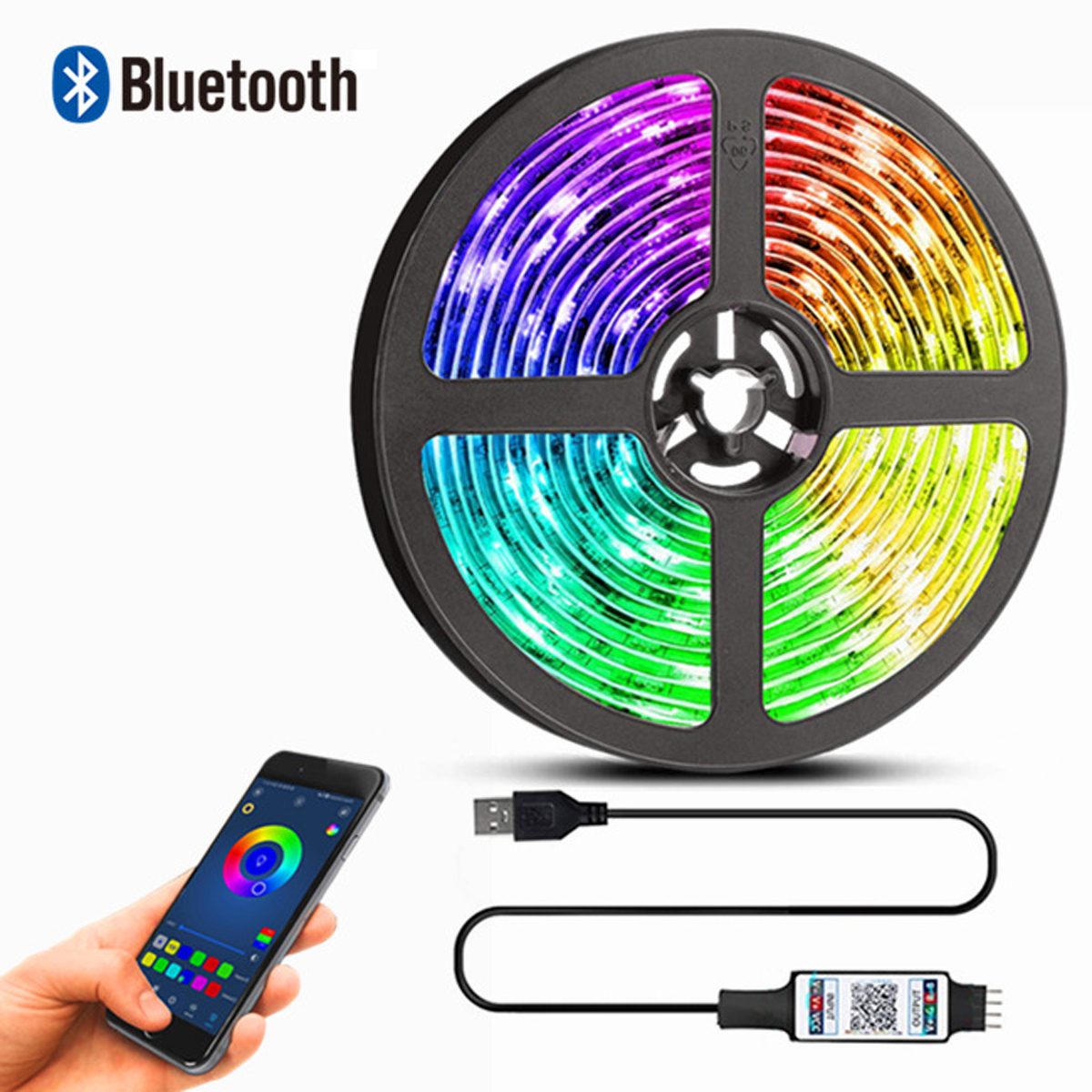 Eine Rolle RGB-LED-Streifen mit einem Smartphone und einem USB-Kabel.