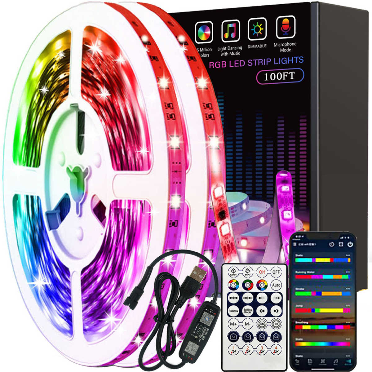 RGB-LED-Streifenlichter mit Zubehör. Enthält eine Fernbedienung, ein USB-Kabel und ein Telefon, das eine App anzeigt.