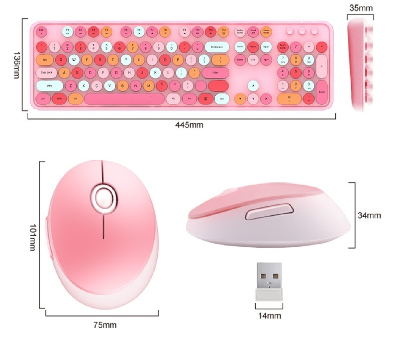 Eine rosa Tastatur, Maus und USB-Empfänger mit Abmessungen in Millimetern vor weißem Hintergrund.
