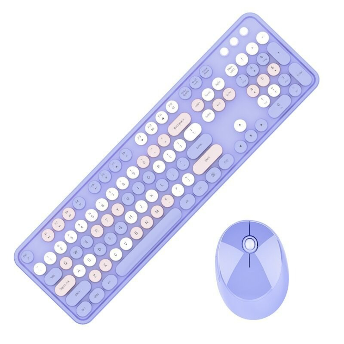 Eine lila Tastatur und eine lila Maus auf weißem Hintergrund.