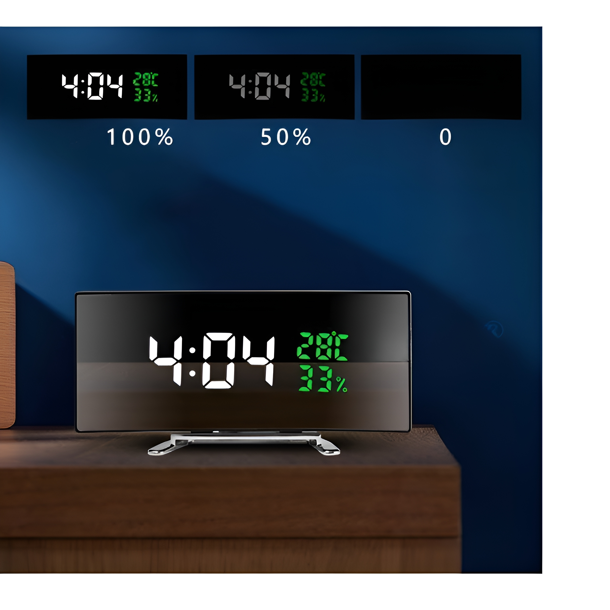 Eine Digitaluhr zeigt Zeit und Temperatur bei 100 %, 50 % und 0 % Helligkeit an.