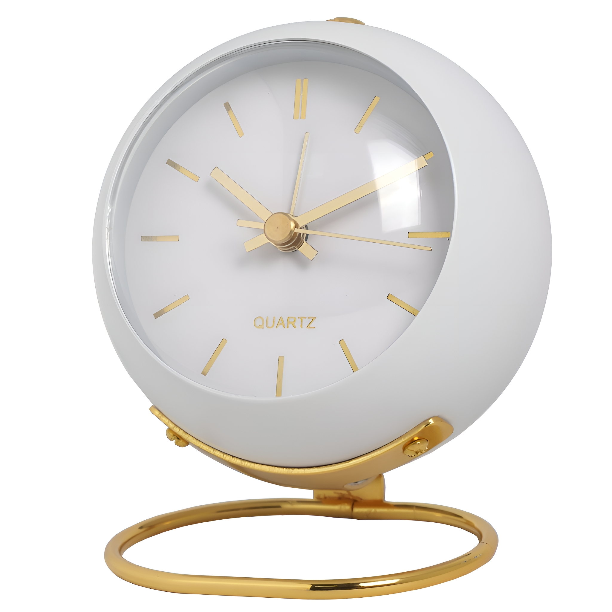 Eine weiße, kugelförmige Uhr mit goldenen Akzenten auf weißem Grund.