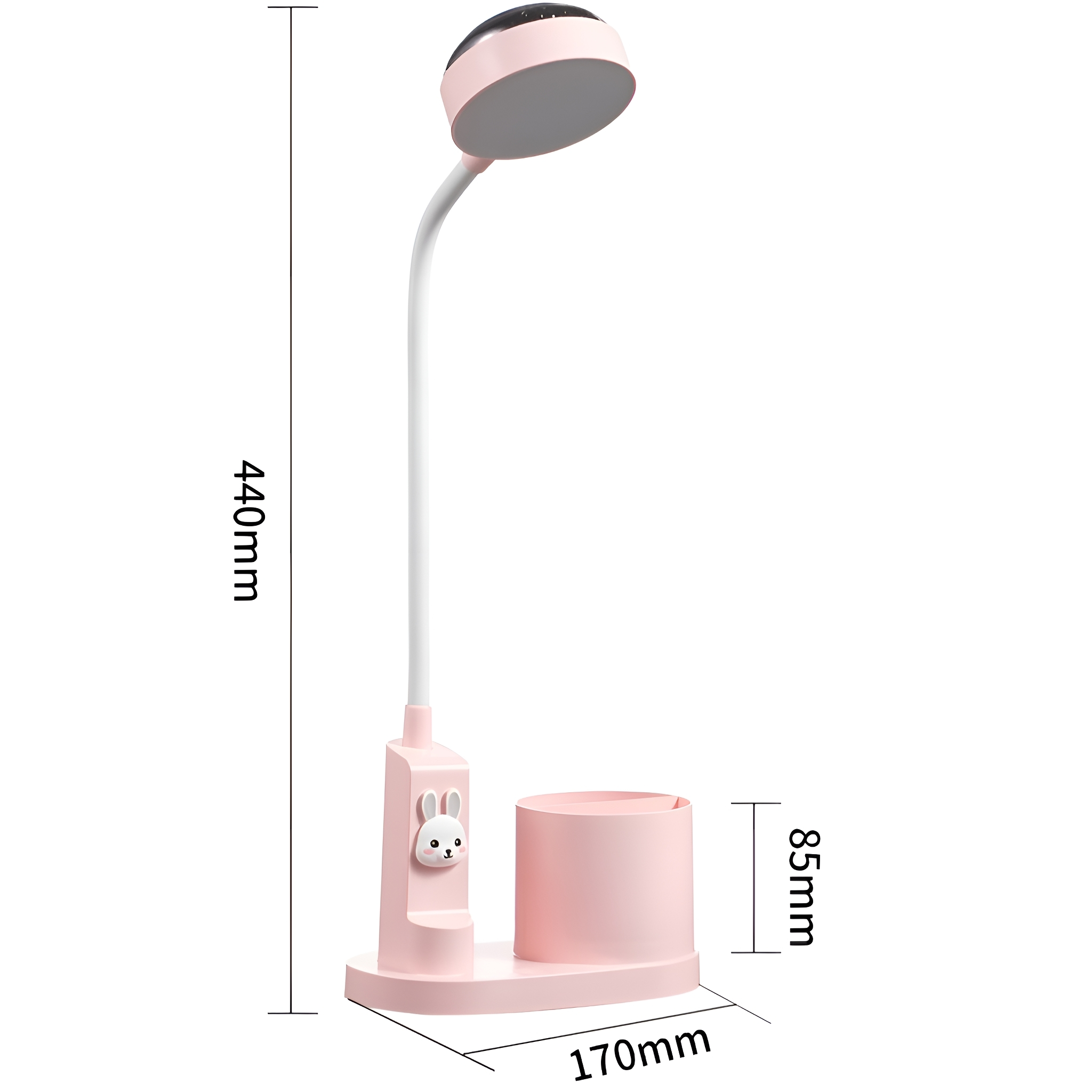 Eine rosa Schreibtischlampe mit Stifthalter und Hasen-Design. Die Lampe hat Abmessungen.