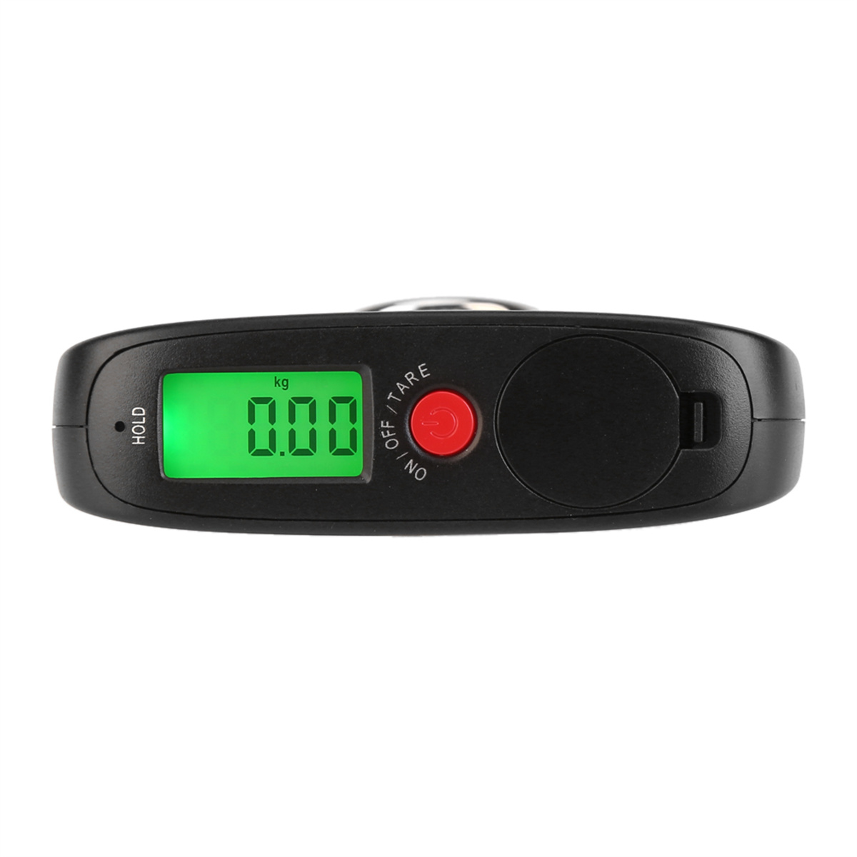Digitale Waage. Grüne Anzeige zeigt 0,00 kg. Schwarzes Gehäuse. Roter Knopf. Weißer Hintergrund.