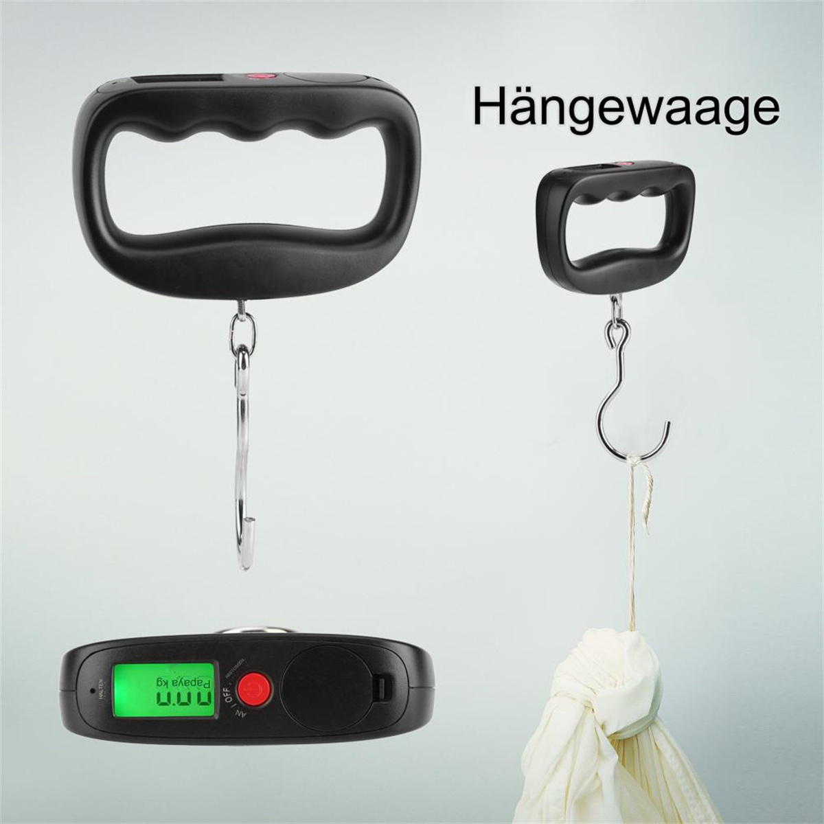 Schwarze Hängewaage mit Digitalanzeige und zwei verschiedenen Hakenoptionen vor hellem Hintergrund.