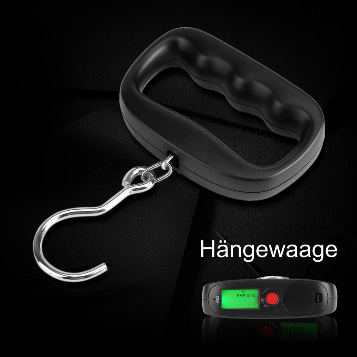 Schwarze Hängewaage mit Haken und Griff, Digitalanzeige. Der Hintergrund ist dunkel.