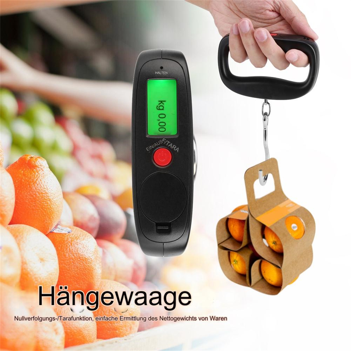 Digitale Gepäckwaage mit Orangen. Eine Person hält die Waage mit einer Kiste Orangen.