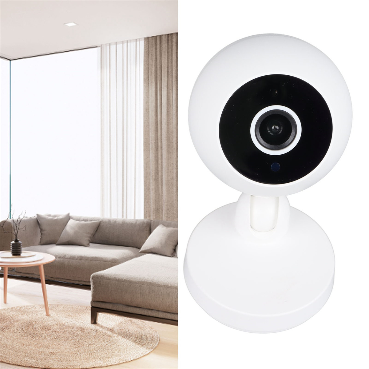 Eine weiße Smart-Kamera mit schwarzem Objektiv auf weißer Basis, neben einer Wohnzimmerszene.