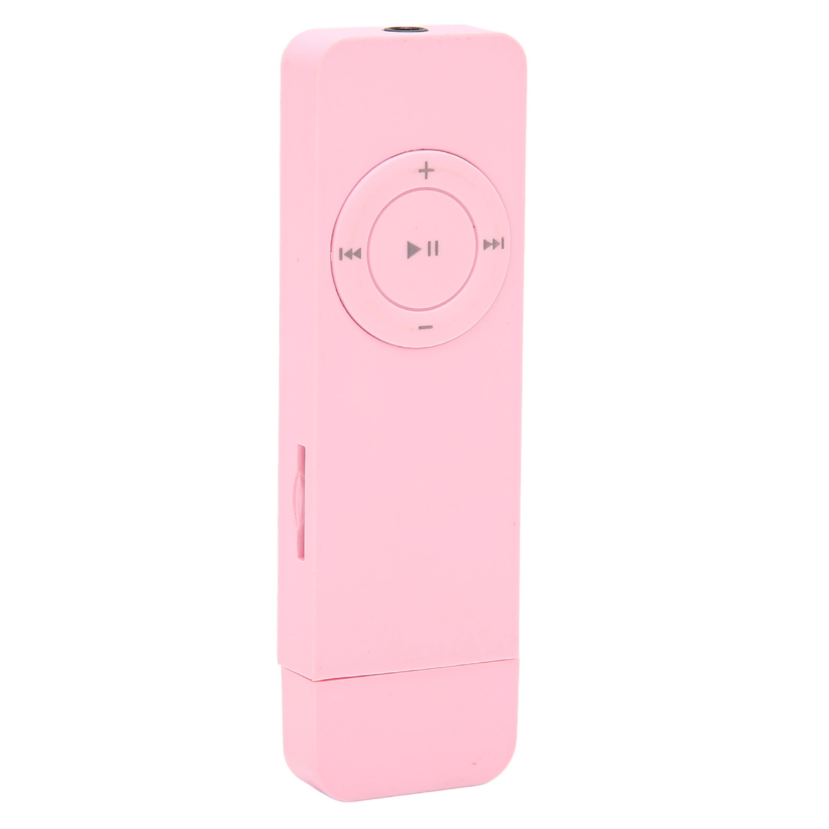 Rosa MP3-Player mit Steuertasten, einem Bildschirm und einem seitlichen Schlitz.