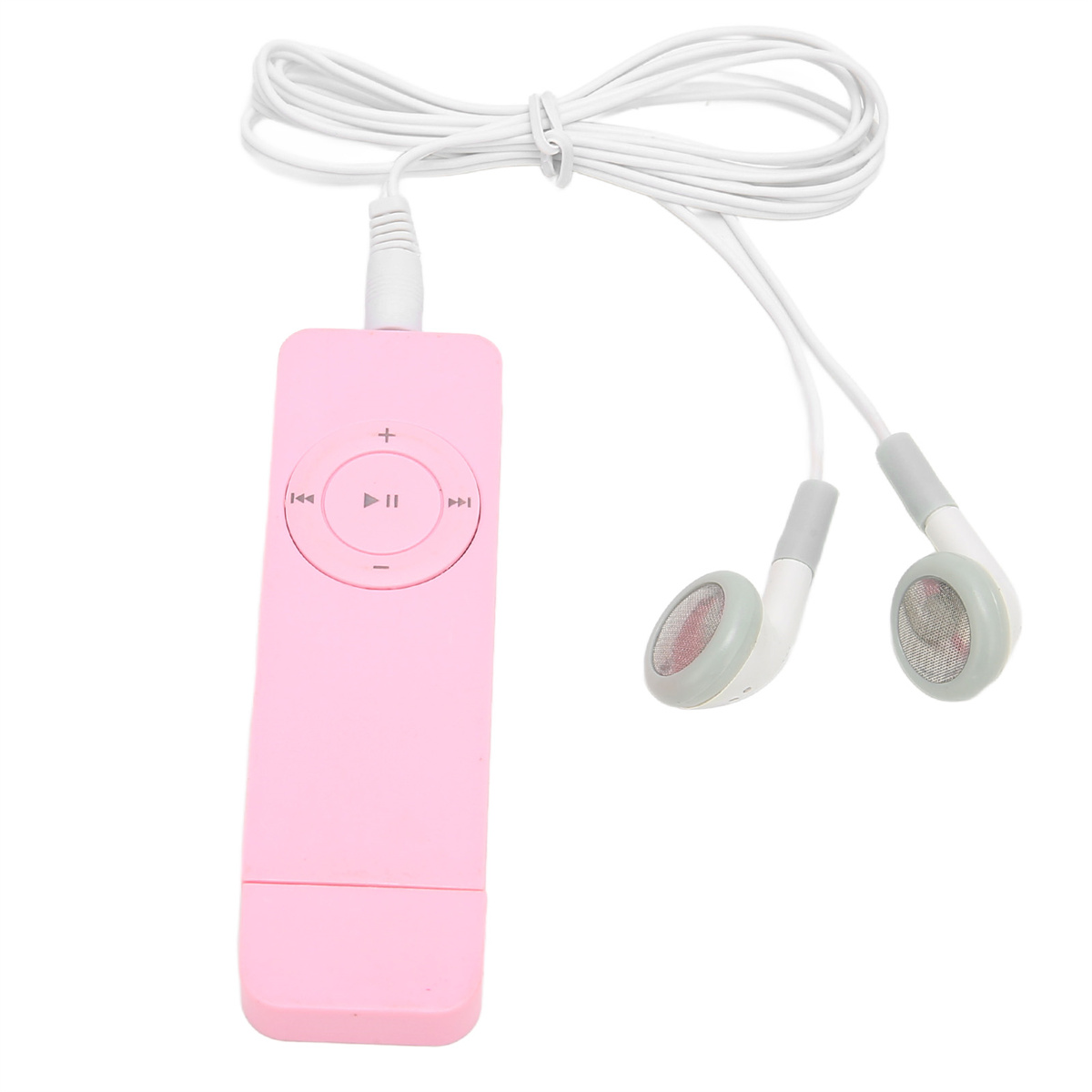 Ein rosa MP3-Player mit einem Steuerkreuz, Tasten und weißen Kopfhörern mit grauem Netz.