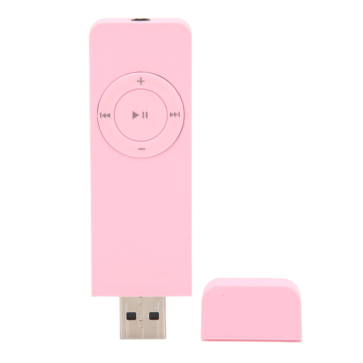 Pinkfarbener MP3-Player mit Steuertasten und USB-Anschluss sowie einer pinkfarbenen Kappe.