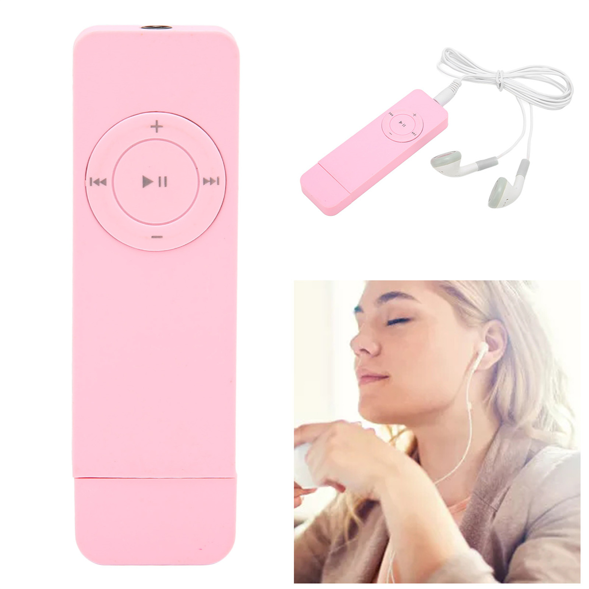 Pinkfarbener MP3-Player, rosa Kopfhörer und eine Frau, die Musik hört.