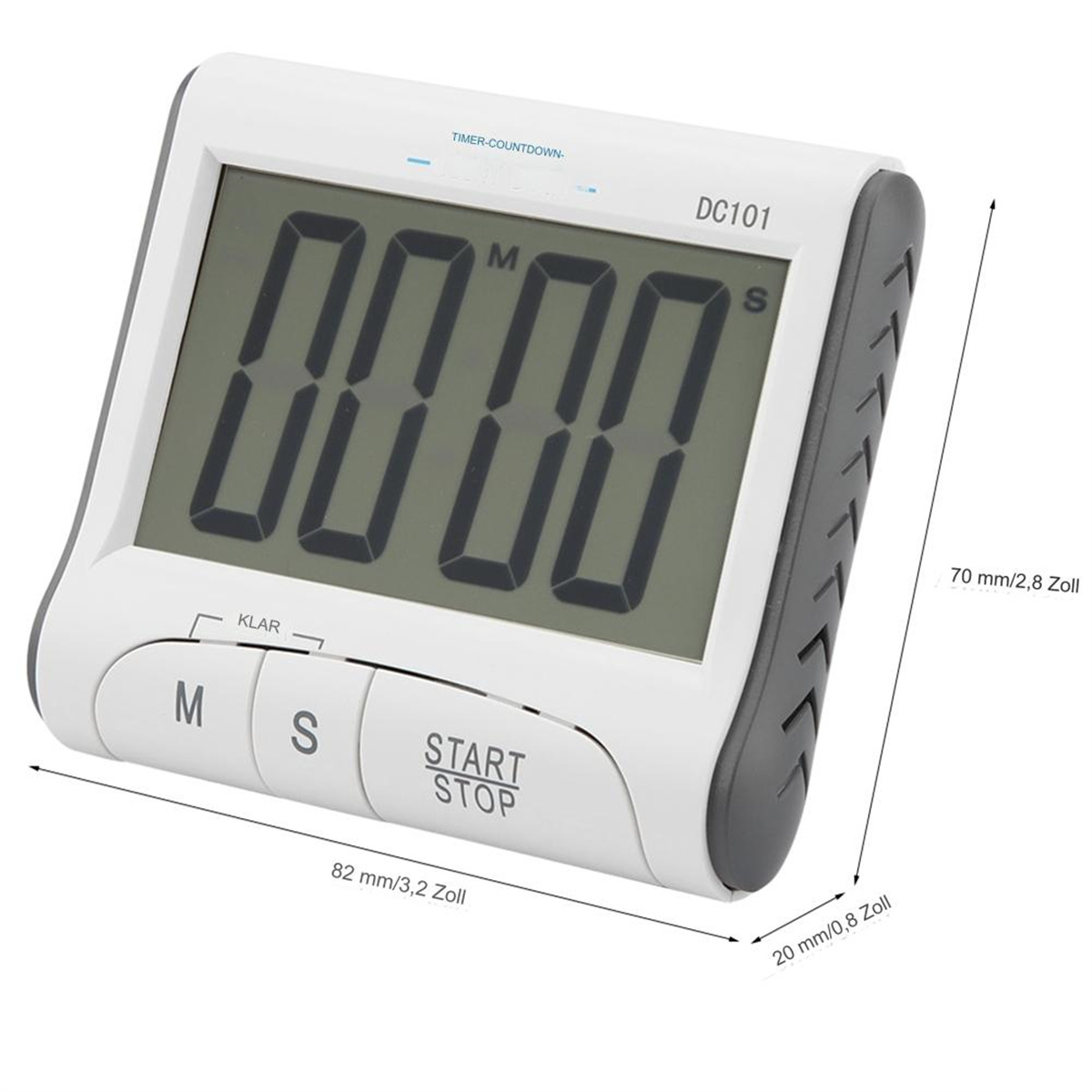 Weißer digitaler Timer. Zeigt Ziffern an. Tasten für Einstellungen. Schwarze Ränder.