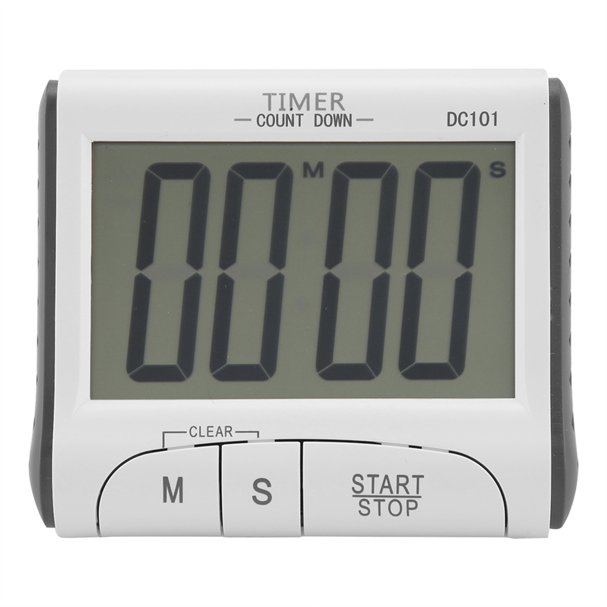 Weißer digitaler Timer mit Knöpfen. Er zeigt 00:00 an. Hat Clear, M, S, Start/Stop-Tasten.