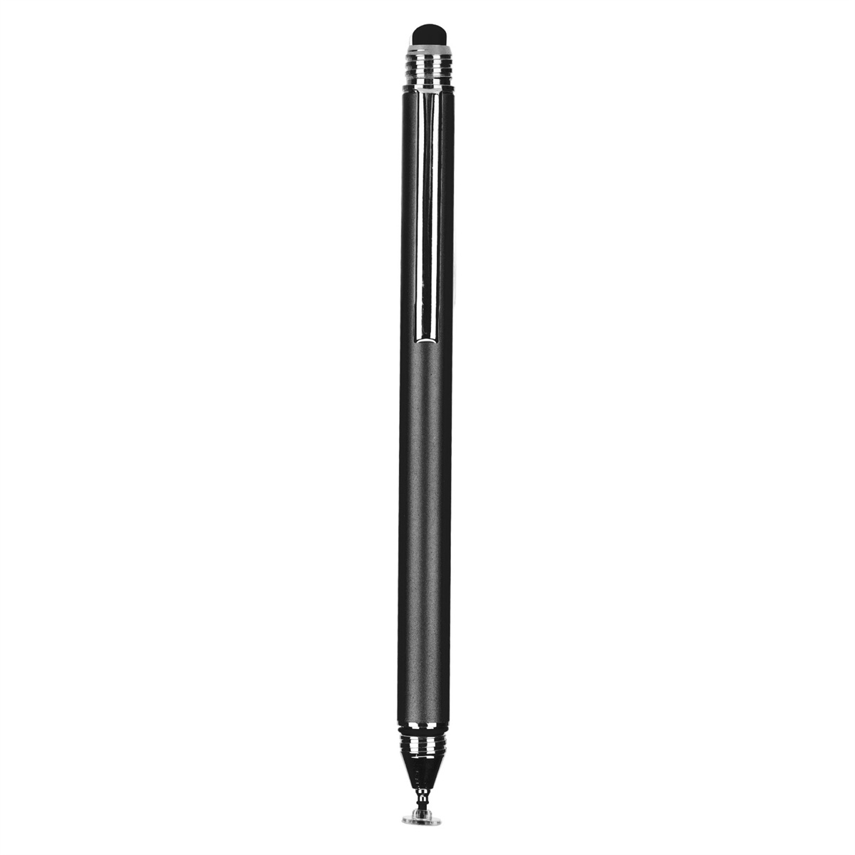 Ein schwarzer Eingabestift. Er hat eine silberne Spitze und ein silbernes Ende. Der Körper ist dunkel.