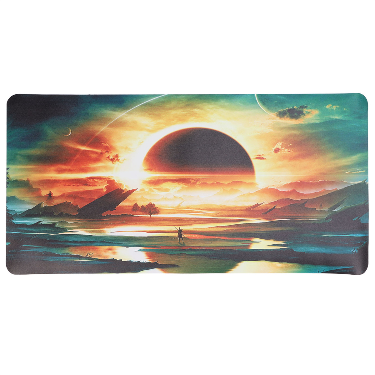 Mauspad mit Sonnenuntergangslandschaft und Figur.
