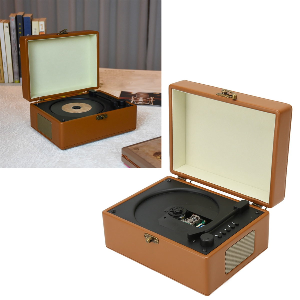 Ein brauner, tragbarer Plattenspieler im Vintage-Stil mit Abdeckung.