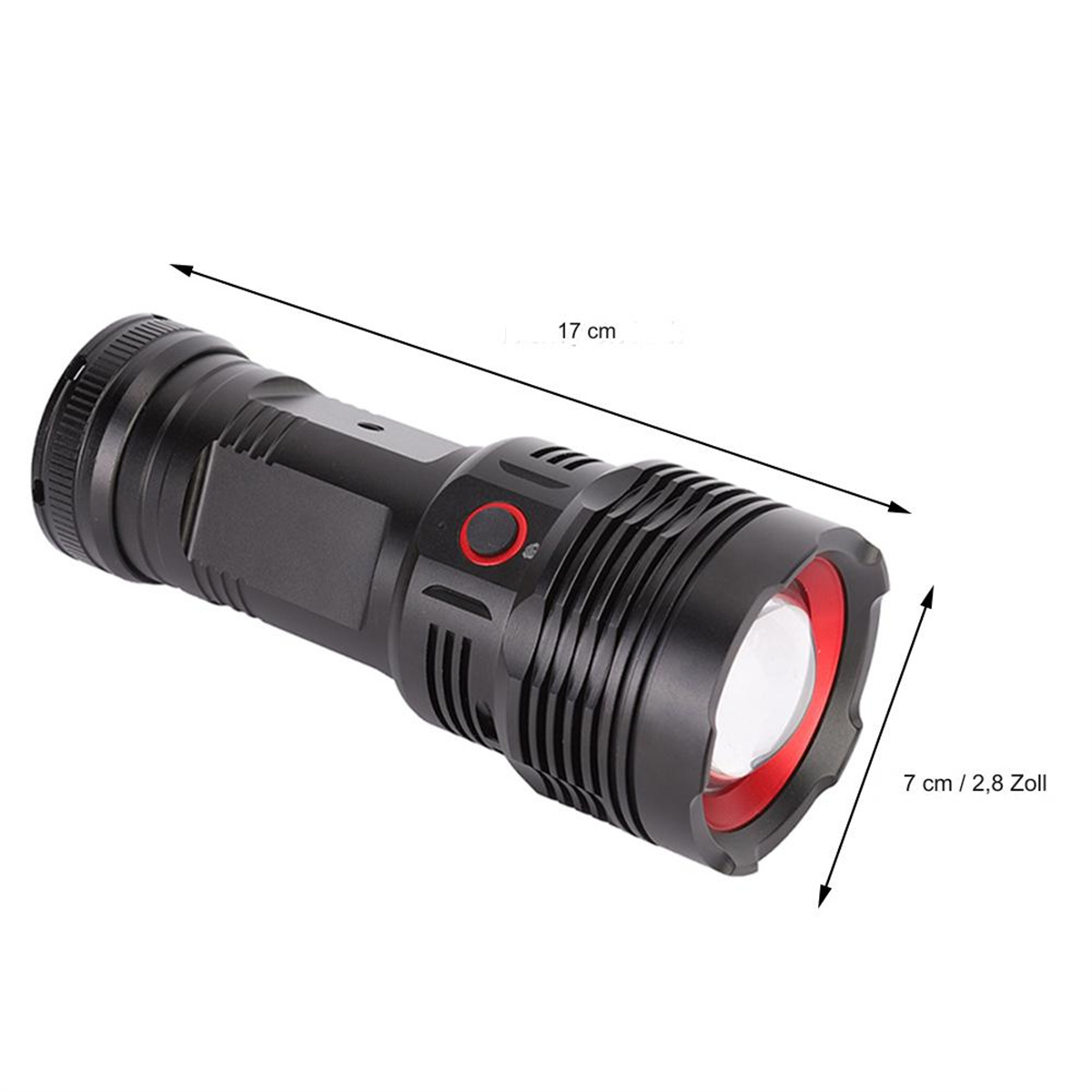 Schwarze Taschenlampe mit roten Akzenten. Misst 17 cm Länge und 7 cm Breite.
