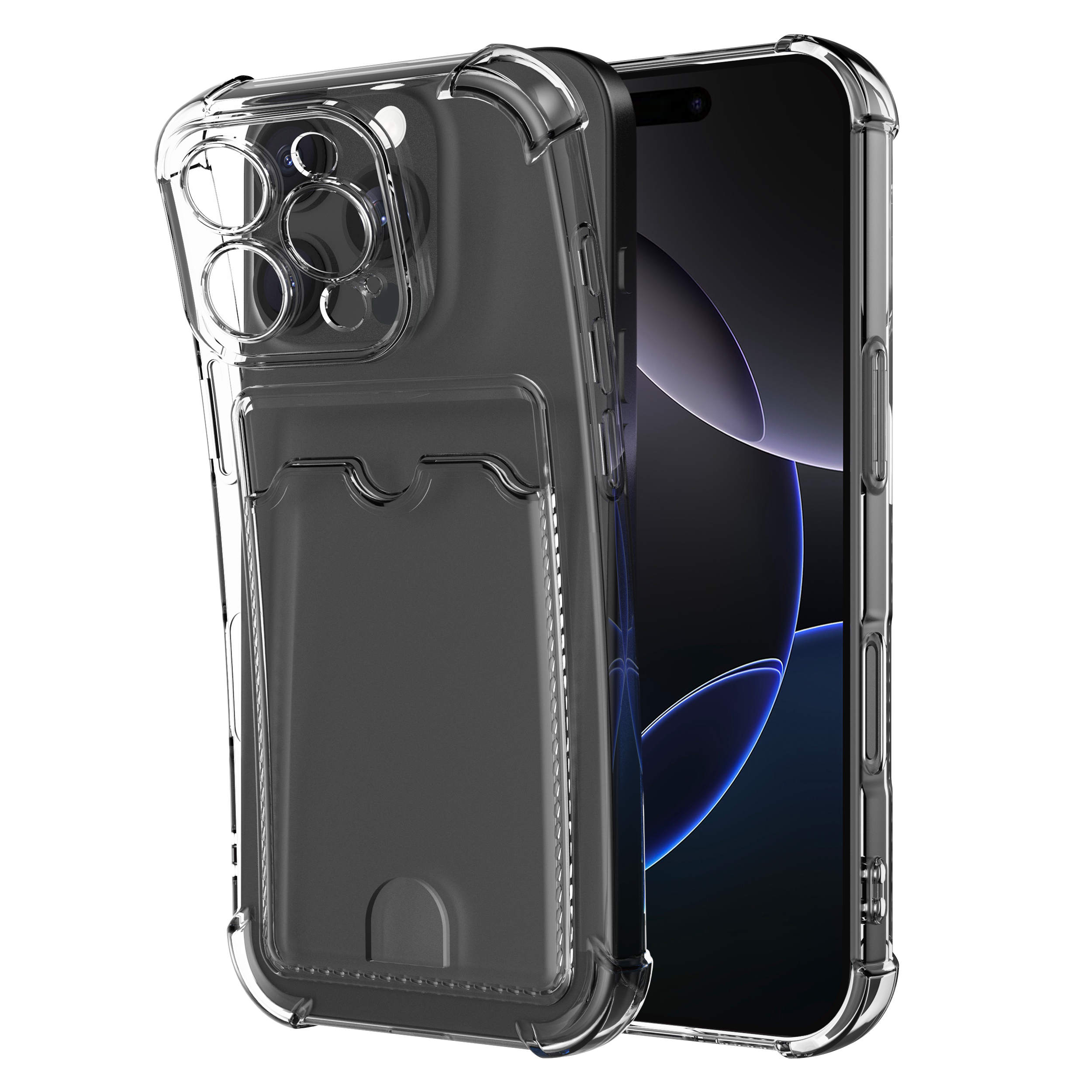 Transparente Handyhülle auf schwarzem Telefon. Die Hülle hat einen Kartenschlitz. Der Hintergrund ist schwarz.
