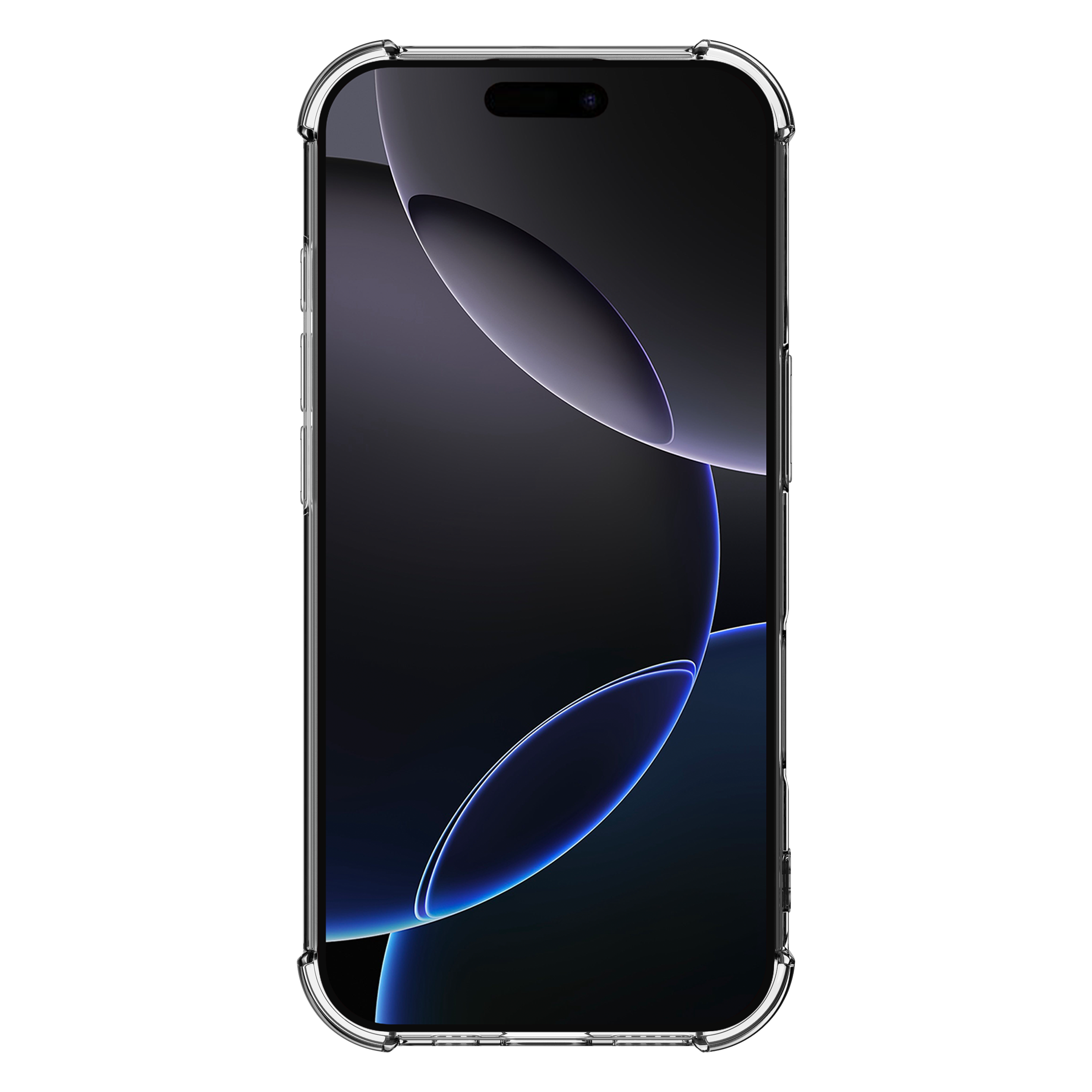 Ein Telefon in einer transparenten Hülle. Der Bildschirm hat ein dunkles, abstraktes Design mit blauen Akzenten.