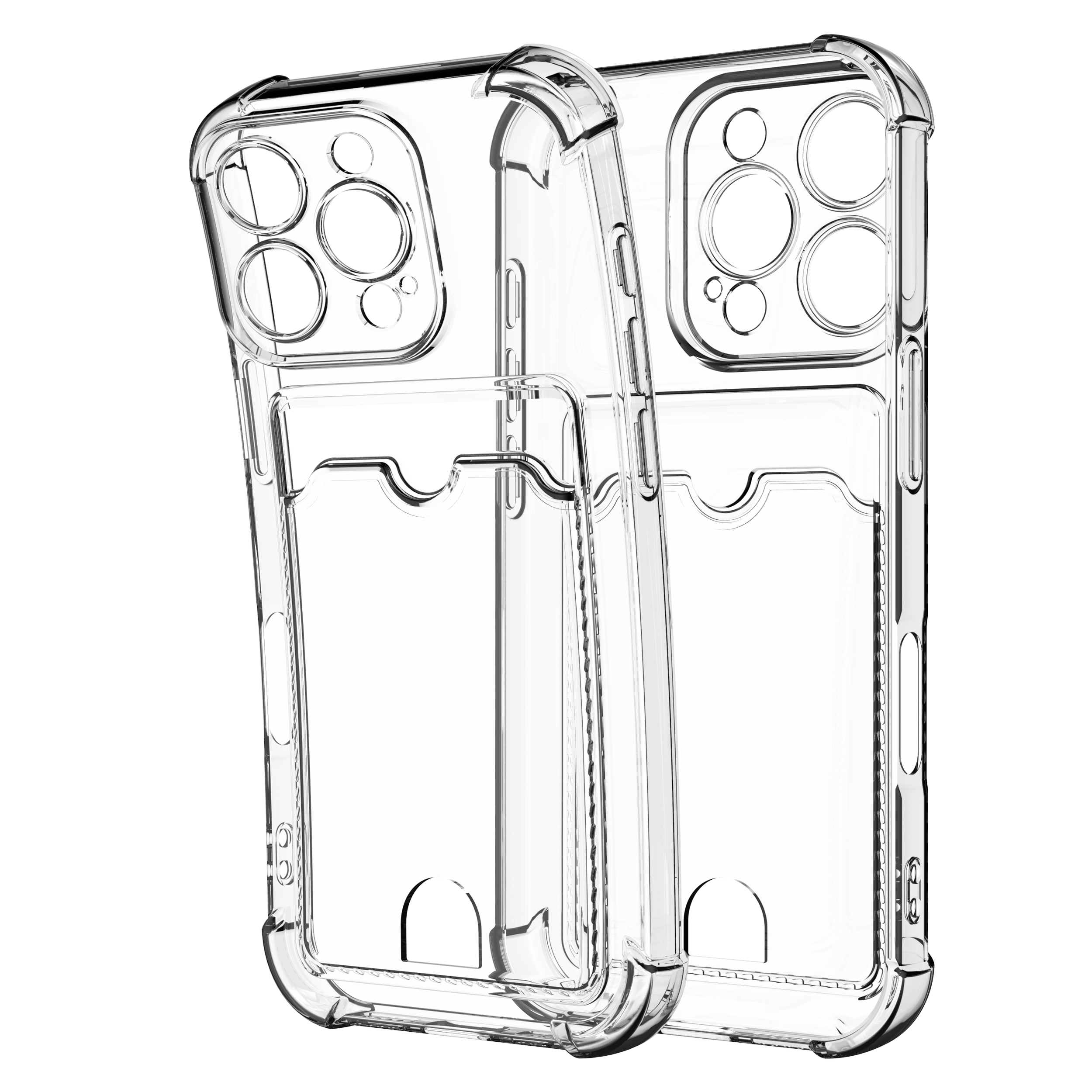 Zwei transparente Handyhüllen mit Geldbörsenfach, die das Design zeigen.