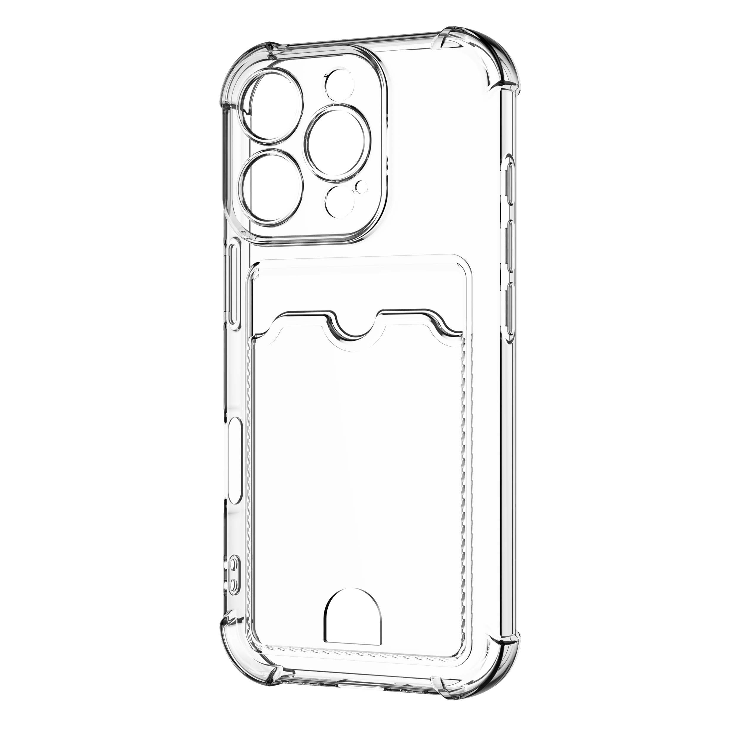 Transparente iPhone-Hülle mit Kartenfach. Der Hintergrund ist schwarz.