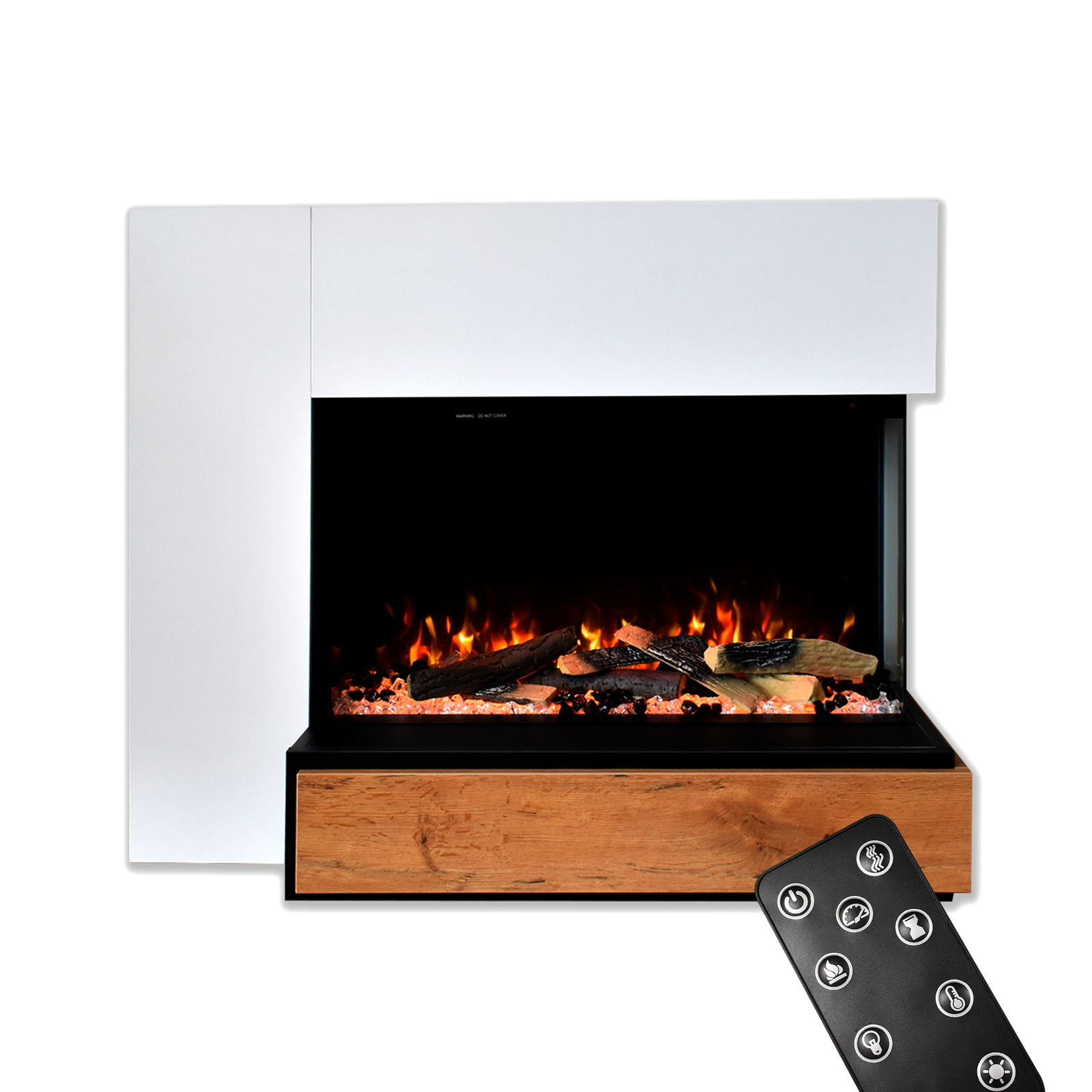 Kamin mit Holzscheiten, leuchtenden Flammen und drei Dekorationssets.