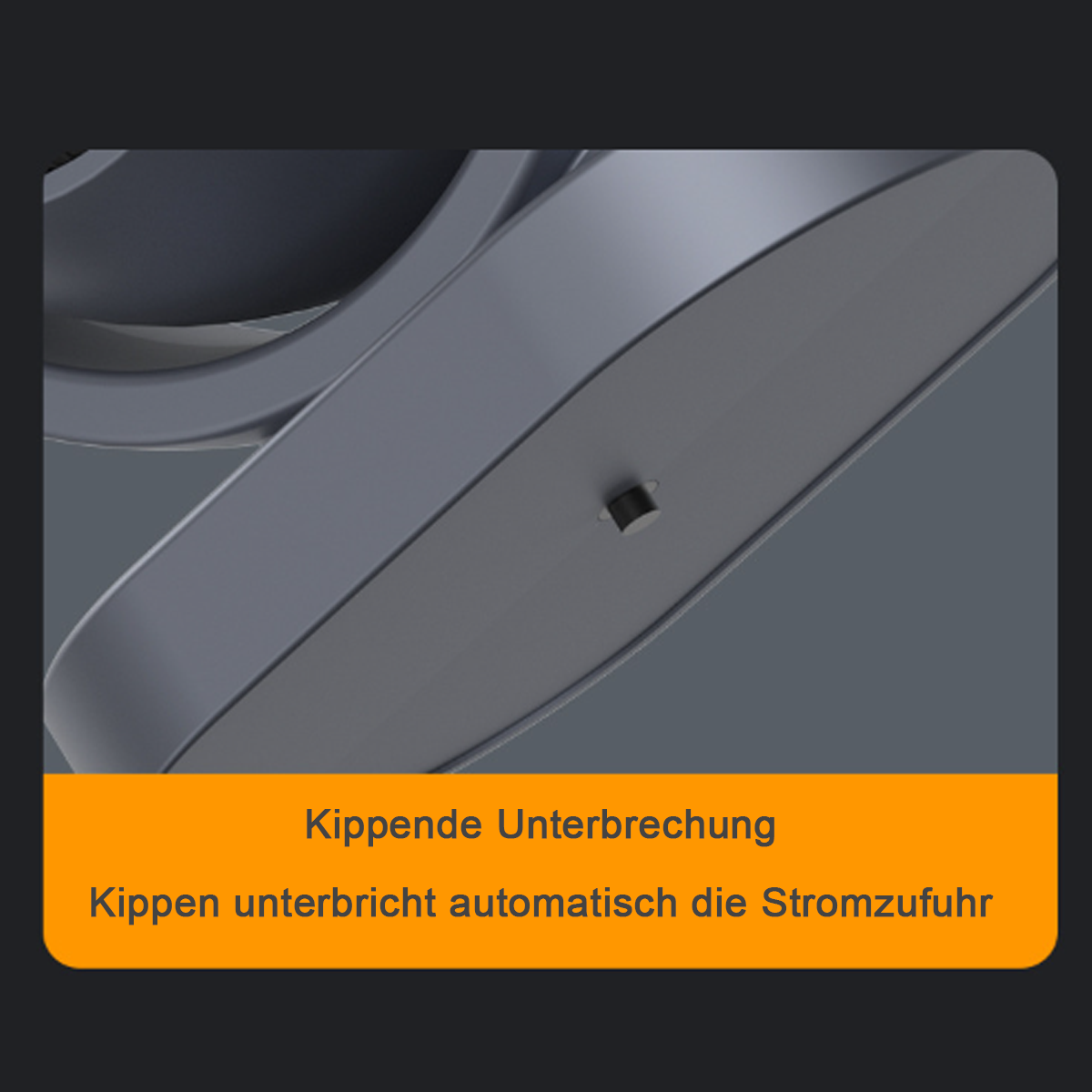 Nahaufnahme eines grauen Geräts mit orangefarbener Textbox und schwarzem Text auf grauem Hintergrund.