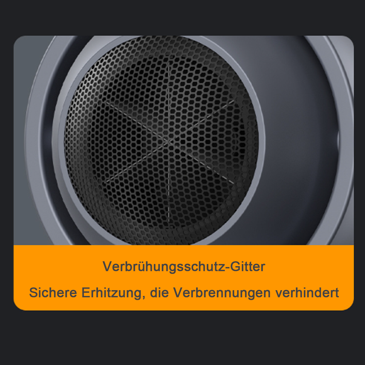 Nahaufnahme eines schwarzen Metallgitters mit Wabenmuster. Gelbes Info-Banner.