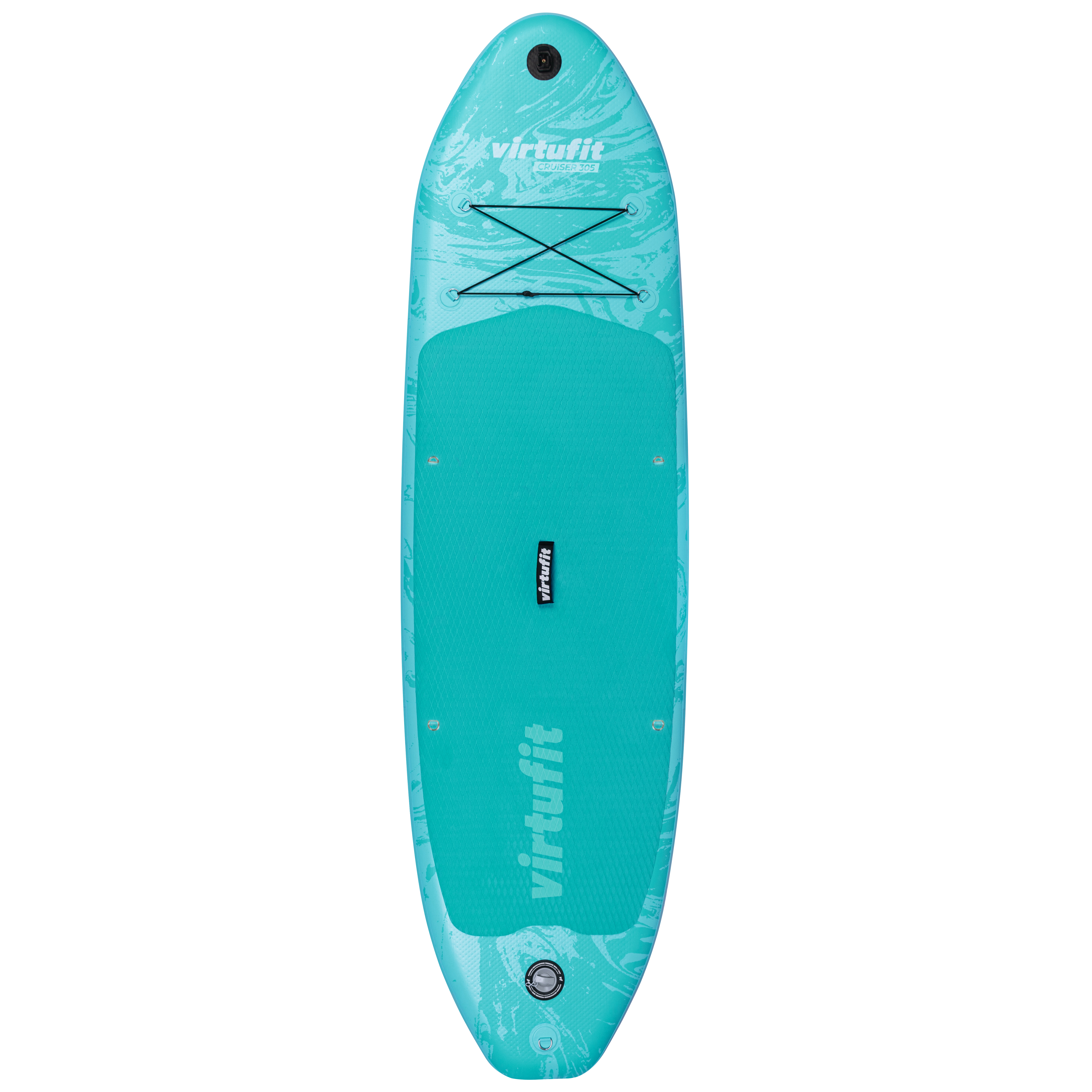 Ein türkisfarbenes Paddleboard mit einer strukturierten türkisfarbenen Oberseite. Es hat schwarze Bungee-Kordeln und ein Logo.