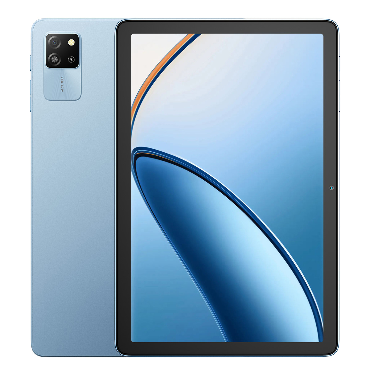 Hellblaues Tablet, Rückansicht. Kamera und Power-Taste.