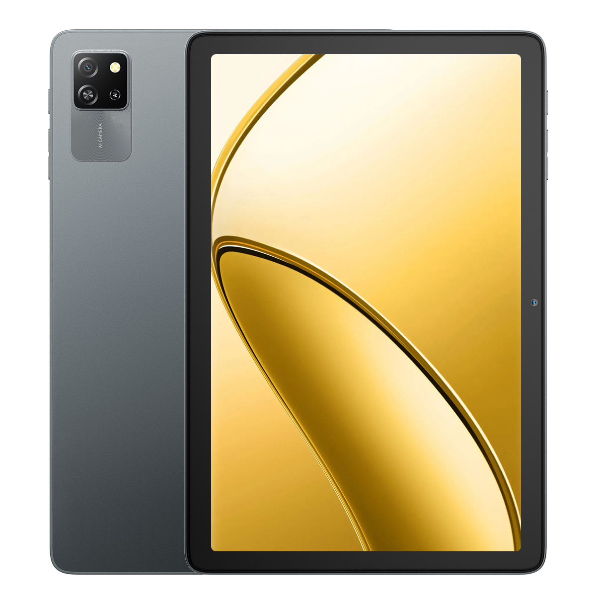 Ein graues Tablet mit goldenem Bildschirm auf der Vorderseite und Kamera oben links.