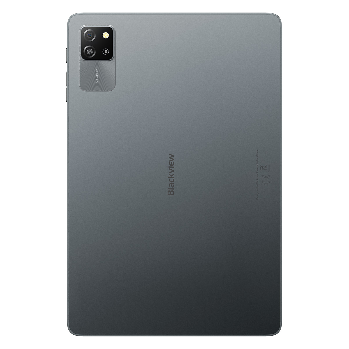 Rückansicht eines dunkelgrauen Blackview-Tablets. Es hat ein Kameramodul mit zwei Objektiven und der Markenname ist sichtbar.
