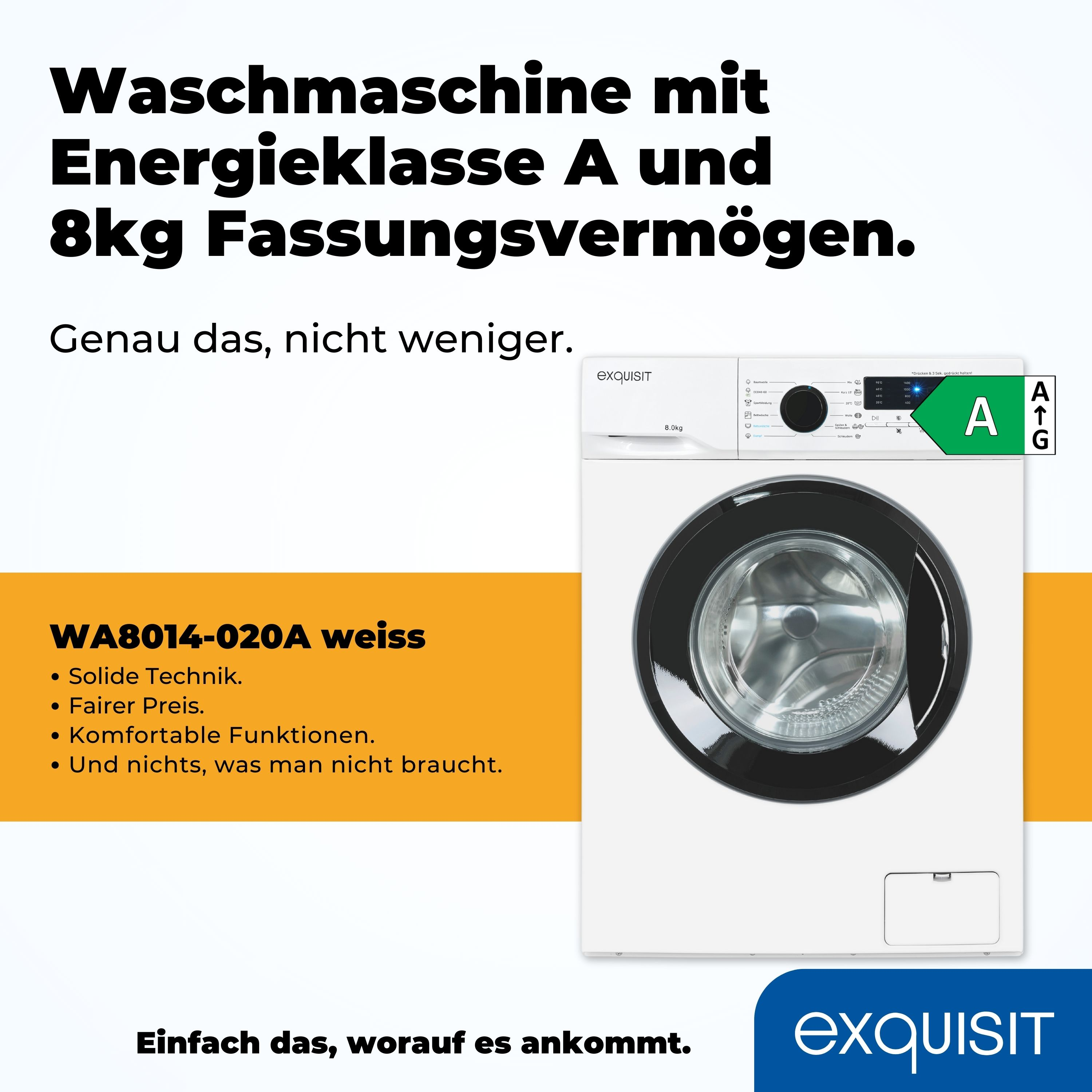 Eine weiße Waschmaschine mit einem Energielabel der Klasse A und Text über Funktionen.