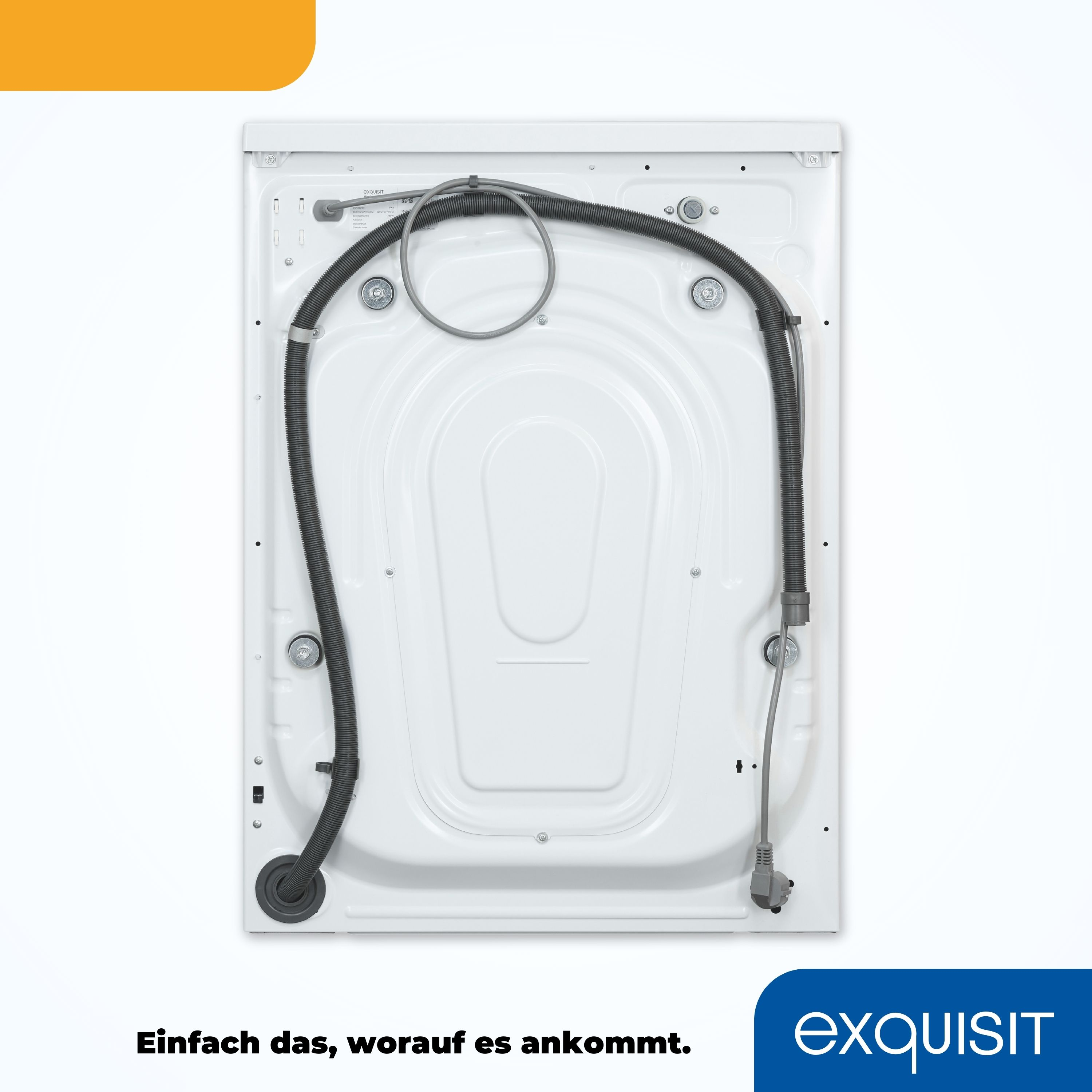 Rückansicht der weißen Waschmaschine, mit Schläuchen und Netzkabel sichtbar, und Text unten.