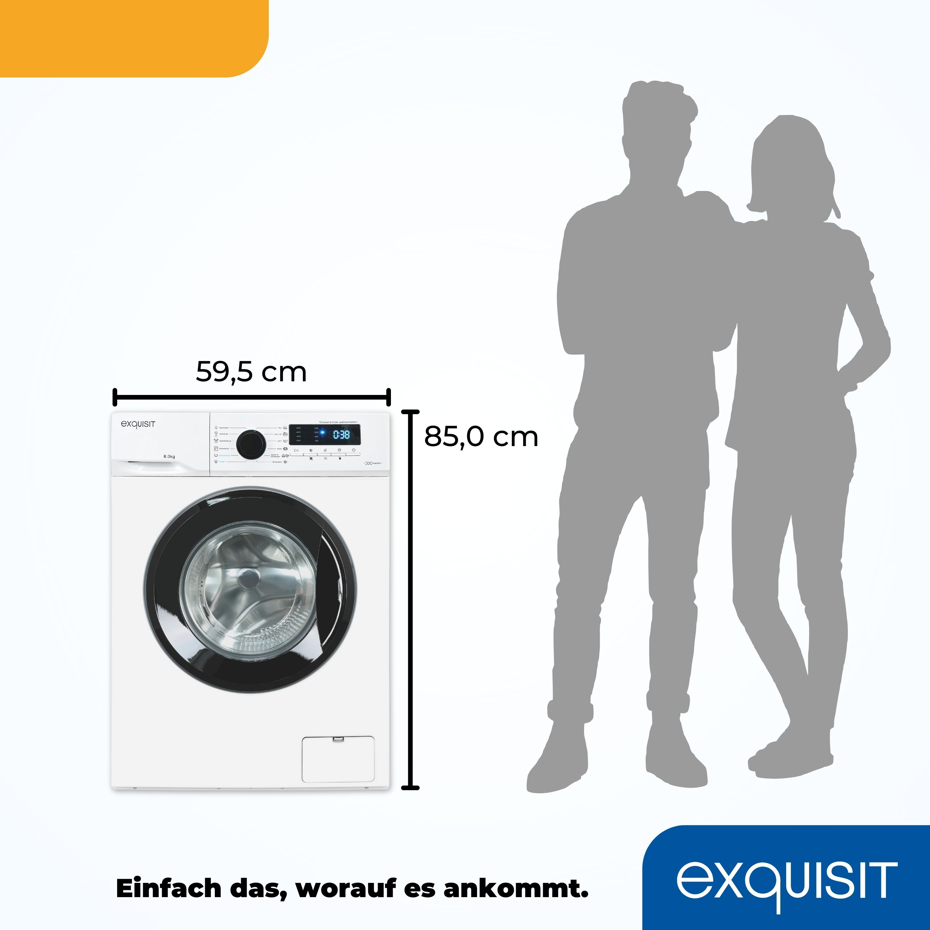 Weiße Waschmaschine mit Abmessungen. Männliche und weibliche Silhouetten stehen daneben.