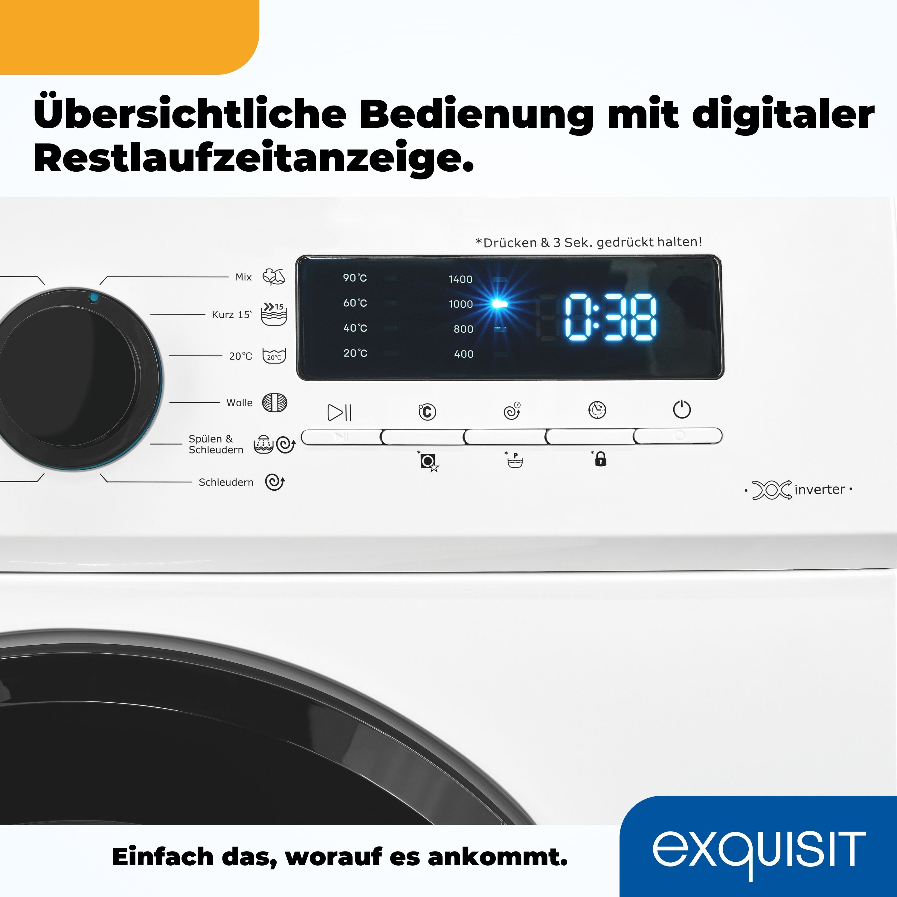 Ein Waschmaschinen-Bedienfeld mit Knöpfen und einer Digitalanzeige, die die Zeit anzeigt.