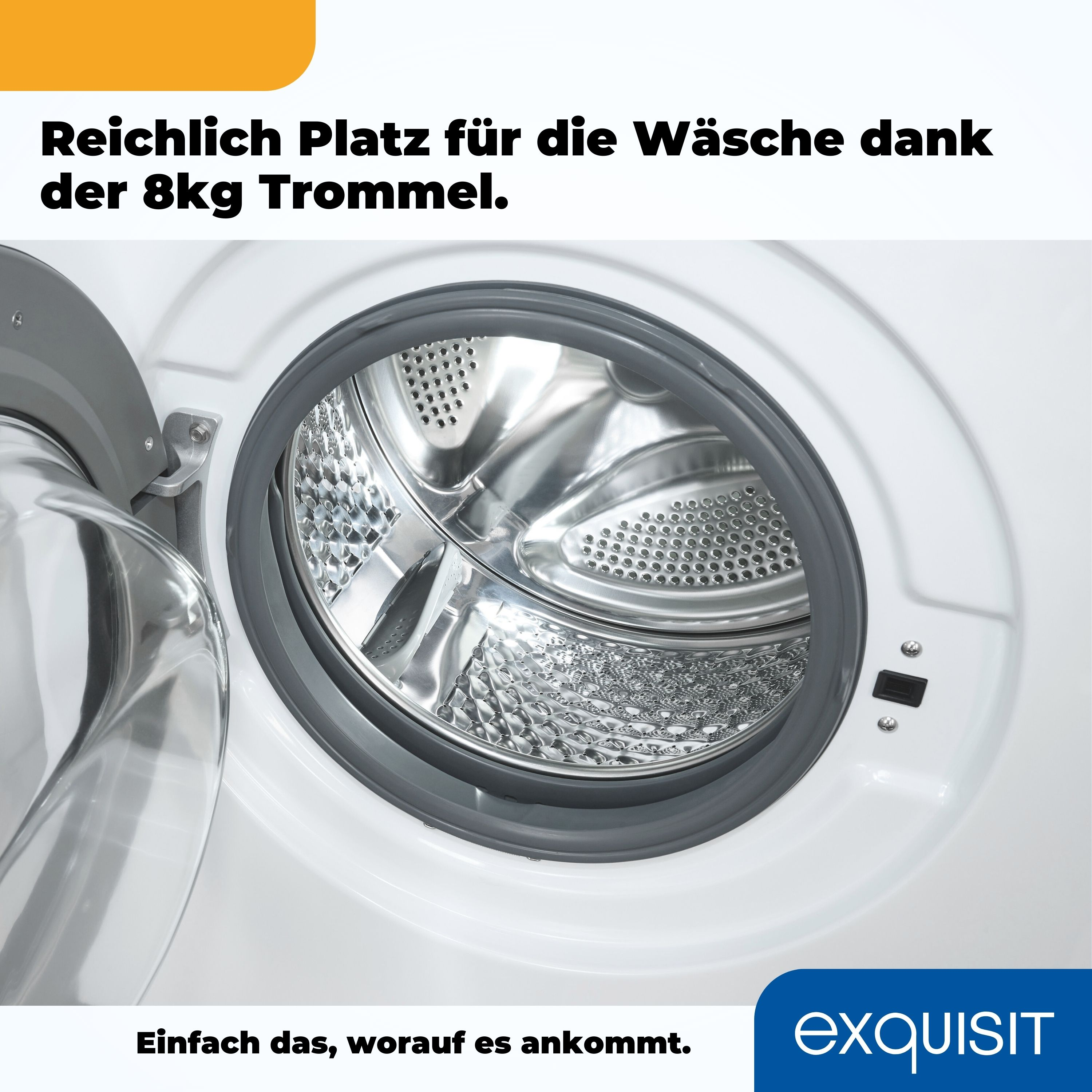 Waschmaschineninnenraum mit offener Tür. Die Trommel ist aus Edelstahl.