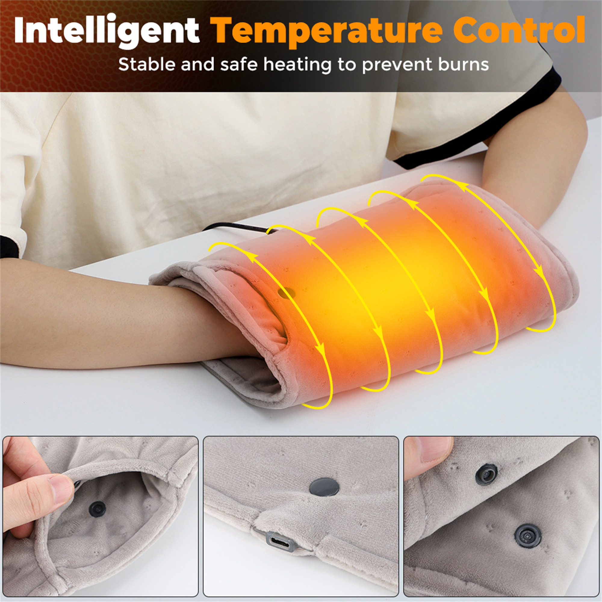 Person mit Arm in einem beheizten Handwärmer. Text: Intelligente Temperaturregelung. Sicheres Heizen, um Verbrennungen zu vermeiden.